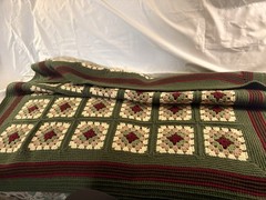Afghan Homemade Blanket Throw Squares 40×45 Green Beige Burgundy