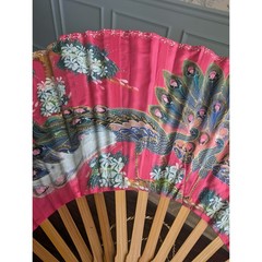 Vintage Hand Painted Peacock Wall Fan Bamboo Pink Floral Folding Asian Decor