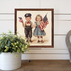 4th Of July Patriotic Children Flag Wooden Plaque Vintage USA Home Decor Gift