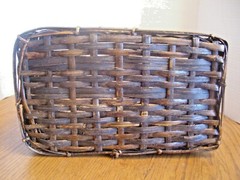 VINTAGE BAMBOO OBLONG BASKET w/METAL SCROLL HANDLE ~ 12 1/2 L x 8 W x 6 H ~ VGUC