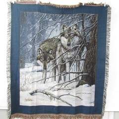 Timberwolf Wolves Tapestry Throw Blanket 55×45″ + Fringe Blue Wall hanging