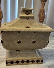 Ceramic Rectangular Lidded Decorative Box Beige Brown Diamond Pattern 8x8x4 in