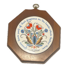 Octagon Wood Wall Plaque Hanging Folk Art Floral Flowers Brown Multicolor