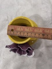 Anthropologie Bright Yellow Vase with Applied Purple Pansy Flower 5″ Floral