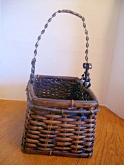 VINTAGE BAMBOO OBLONG BASKET w/METAL SCROLL HANDLE ~ 12 1/2 L x 8 W x 6 H ~ VGUC