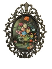 Vtg Floral Oval Frame Bubble Convex Glass Italy 13×10 Brass Tone Metal Ornate