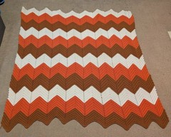 Retro Handmade Brown & Orange Herringbone Zig Zag Crochet Afghan Blanket 52″x50″