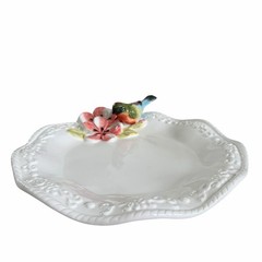 Corner Ruby Botanical Collection 3D Floral Bird Ceramic Catchall Dish 9in New