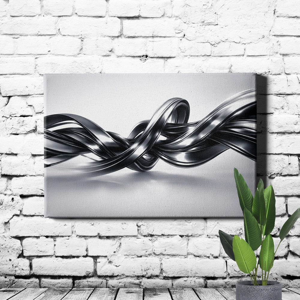 Monochrome Silver Black Chrome Ribbon Wave Abstract Wall Art Print