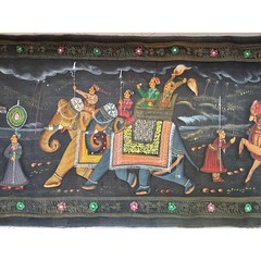 Indian Tapestry Royal Procession Scene Black Hand Painted Folk Art Hindu