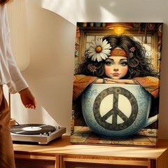 Wall Art Hippie Girl in Teacup Peace Sign Daisy Boho Kitchen Fantasy Print Decor