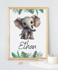 Baby Boys Nursery Decor Name Personalised Print Paper Green Leaves Elephant