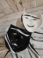 Face Masks (2) Wall Hangings Ceremic Vintage Black White