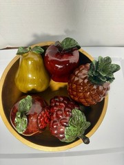 Ceramic Multicolor Fruit Centerpiece Bowl with Pineapple Pear Grapes Apple Pom