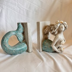 Mermaid Bookends Ivory Torso w/Seashells & Teal Tail Distressed Wood Look Resin