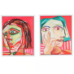 2-Panel Face Framed Wall Art with Teal and Black Accents 21 In. X 17 In.