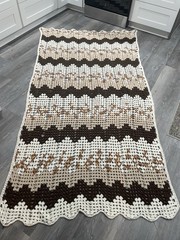 Hand Crocheted Afghan Throw Blanket Large Chevron Cream Brown Farmhouse Cottage