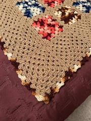 Handmade Crochet Granny Square Afghan Throw, Beige Bordered Multicolor 64”x70”