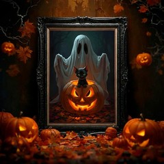 Black Cat and Pumpkin Ghost – Halloween Digital Wall Art | (DIGITAL DOWNLOAD)