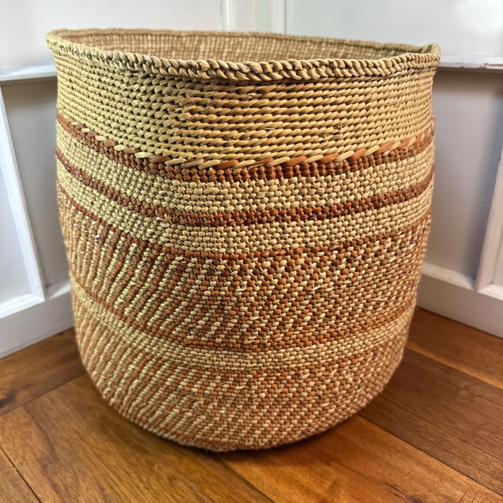 Patterned Woven Basket 12″ Organic, Rustic Organizing -Auburn Stripe Iringa