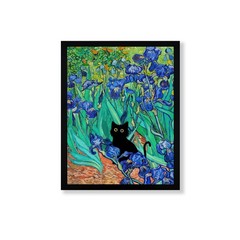 Framed Vintage Cat Wall Art Van Gogh Irises Canvas Print for Home Decor