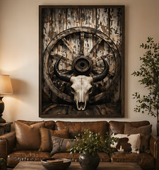 Western Bull Skull Wagon Wheel Canvas Wall Art – Rustic Cowboy Decor