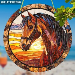 Brown Horse Sunset Landscape Acrylic Suncatcher Equestrian Window Hanging Decor