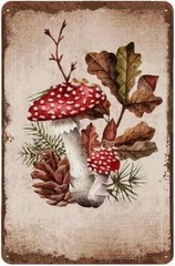 Vintage Retro Style Nature Mushrooms Metal Sign Toadstool Leaves Sign
