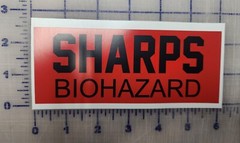 Sharps Biohazard vinyl sticker 6″ long for container peel and stick