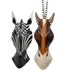 Antelope Two Wood Mask Safari Mixed Animal 12 in Wall Sculpture Hanging Set 01