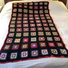 Vibrant Black, Red & Multi Colors 69X38 Granny Square Afghan Throw Crochet Knit