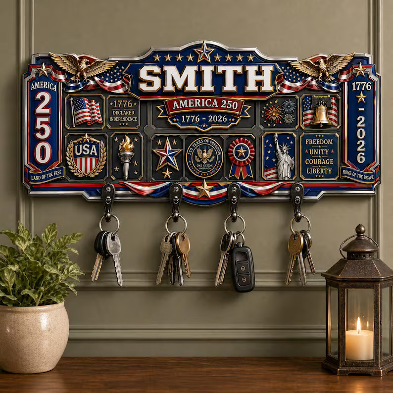 Personalized USA 250th Key Holder, Firefighter Gift, Patriotic Wall Hanger