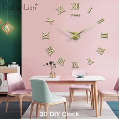 Large Frameless 3D Wall Clock with Mirror Effect, Roman Numerals, Silent Quartz,