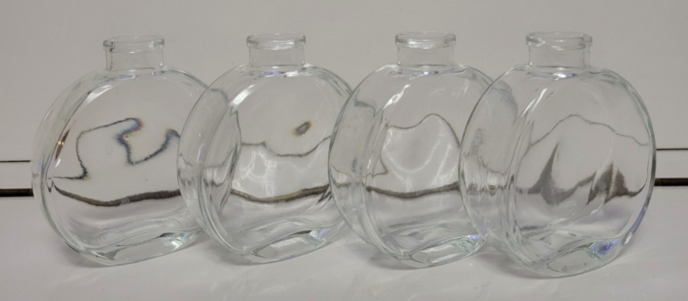 4 DECORATIVE CLEAR GLASS ROUND BOTTLES APOTHECARY 4 INCHES HOLDS 4 OZS