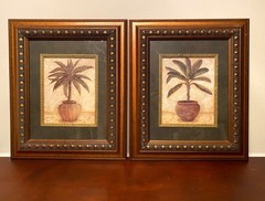 Tommy Bahama Style Palm Tree Wall Art Set Dark Gold Black Frame Wood 16 x 19″
