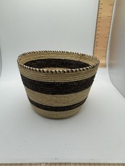 Handwoven Coiled Striped Basket Natural Fiber Boho Tribal Decor Brown Beige 7.5″