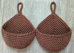 Crochet Handmade Set of 2 Small Hanging Wall Baskets Color Brown