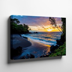 Wall Art Serene Coastal Scene At Sunset Featuring A Black Sand Beach Bordered