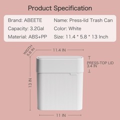 Bathroom Trash Can with Press Top Lid, 3.2 Gallon Slim Garbage Can for Kitche…
