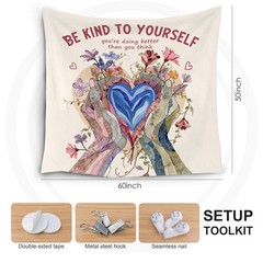 Inspirational Mental Health Wall Tapestry, Be Kind to Yourself Floral Heart i…