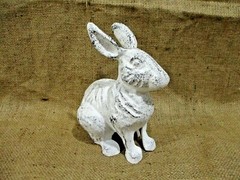 Large Cast Iron RABBIT Easter BUNNY Garden Statue RUSTIC Home Decor 7″ White