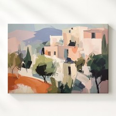 Pastel Hillside Village Canvasdreamy Mediterranean Landscape Art Wall Art