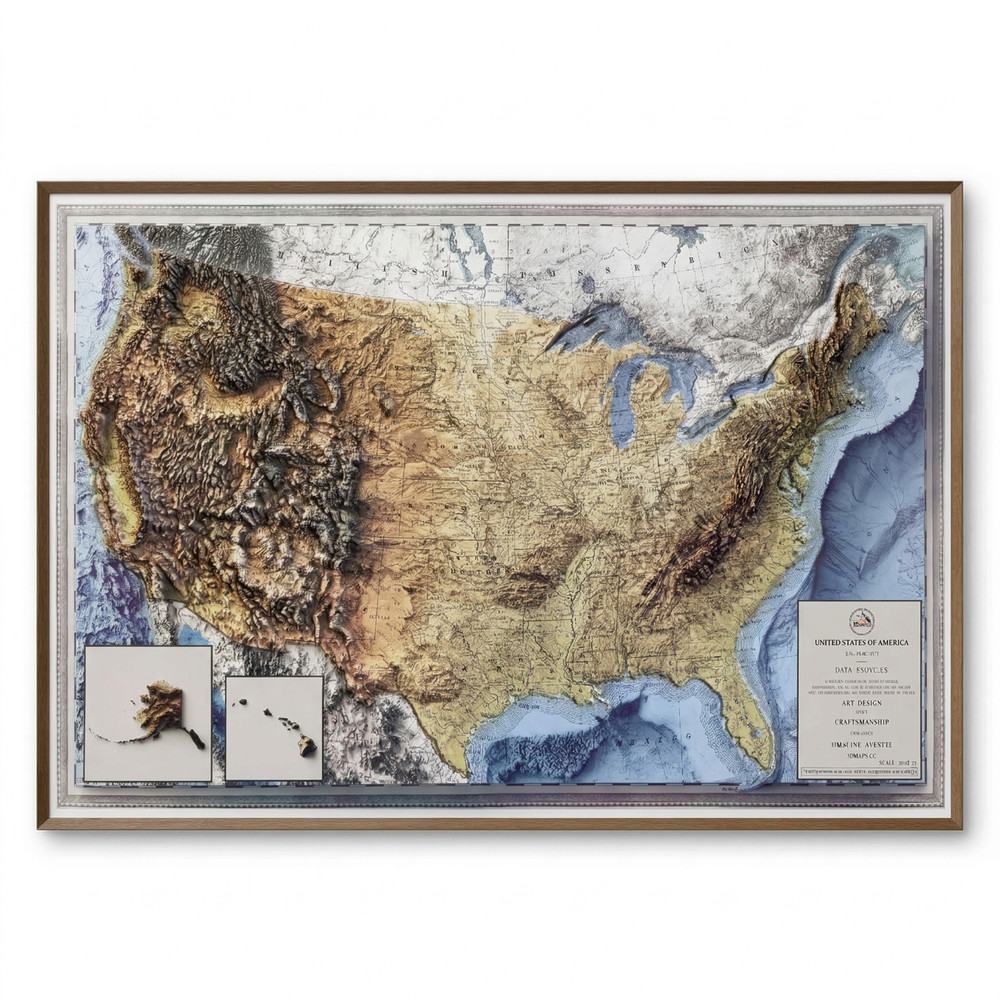 Real 3D raised relief map of the United States – with touchable mountain peaks.