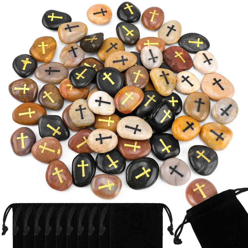 Nuanchu 72 Set Cross Engraved Stones Bulk Velvet Bags Prayer Faith Rocks