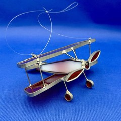 HANDMADE Lead Stained Glass Biplane Red & White Vintage