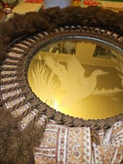 VTG 70s OOAK Custom Made Macrame Etched Glass Mirror With Fuzzy Trim US Made 15″