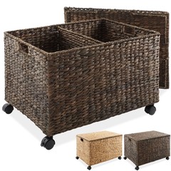 Rolling Storage Basket Cart w/ Lid & Wheels – Woven Wicker Divided Recycling Bin