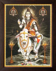 Lord Shiva Riding with his Vehicle Nandi & Giving Blessing Print In Wooden Frame