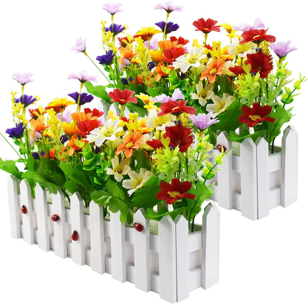 Artificial Flower Plants – Mixed Color Daisies in Picket Fence Pot for Indoor Of