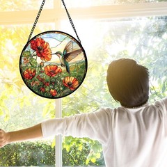 DASTOLL Stained Glass Window Hanging, Hummingbirds 9.8×9.8 IN, Orange Color